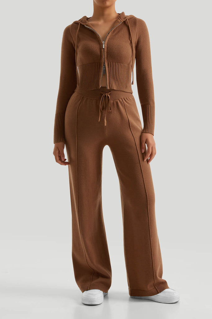 Two-Way Zipper Knitwear Suit - Brown