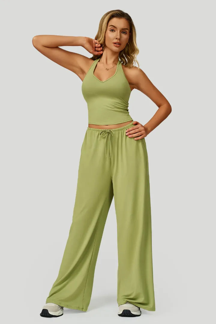 Mooslover Backless V‑Neck Tank Match Flowing Wide-Leg Pants