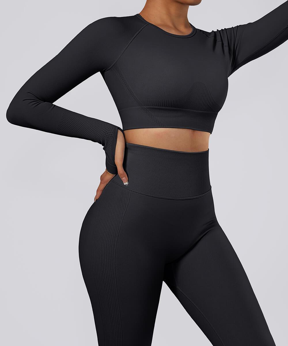 VERTVIE Womens Seamless Rib Mooslover Seamless Yoga Set Fitness Leggings  And Crop Shirt With Long Sleeves For Gym, Active Wear, And Tracksuit From  Ae0c, $16.6