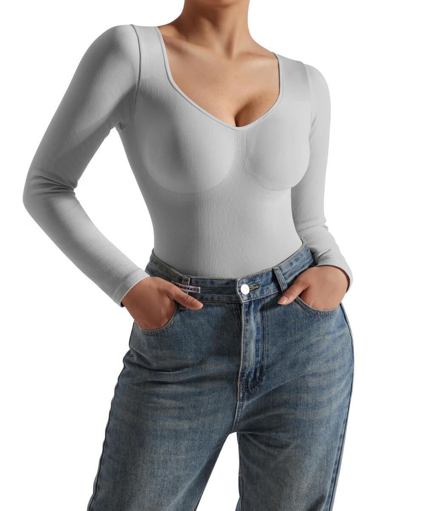 Ribbed Solid Color Long Sleeve Seamless Bodysuit - MOOSLOVER