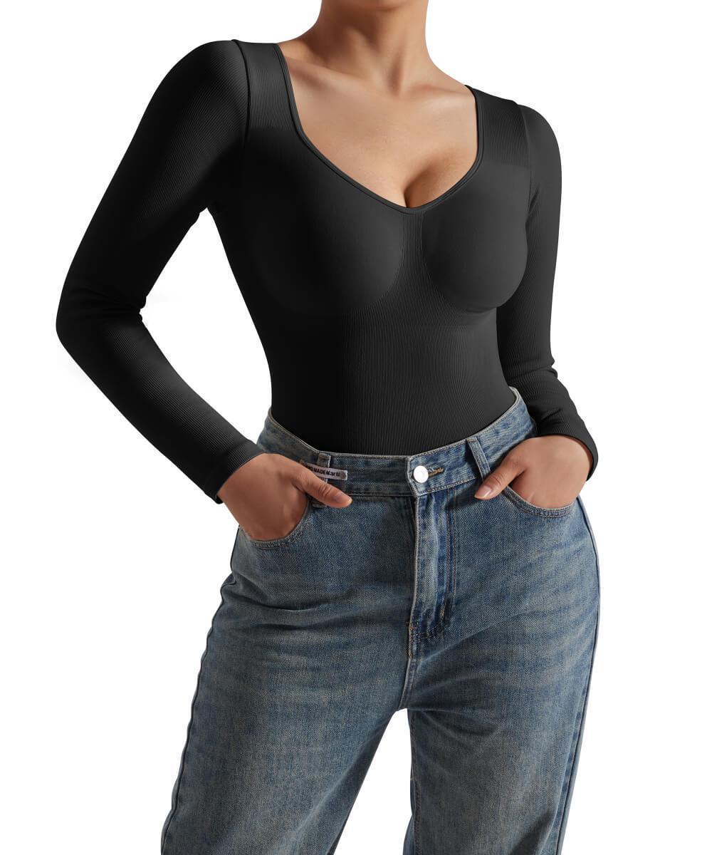 MOOSLOVER Ribbed Solid Color Tummy Control Long Sleeve Seamless