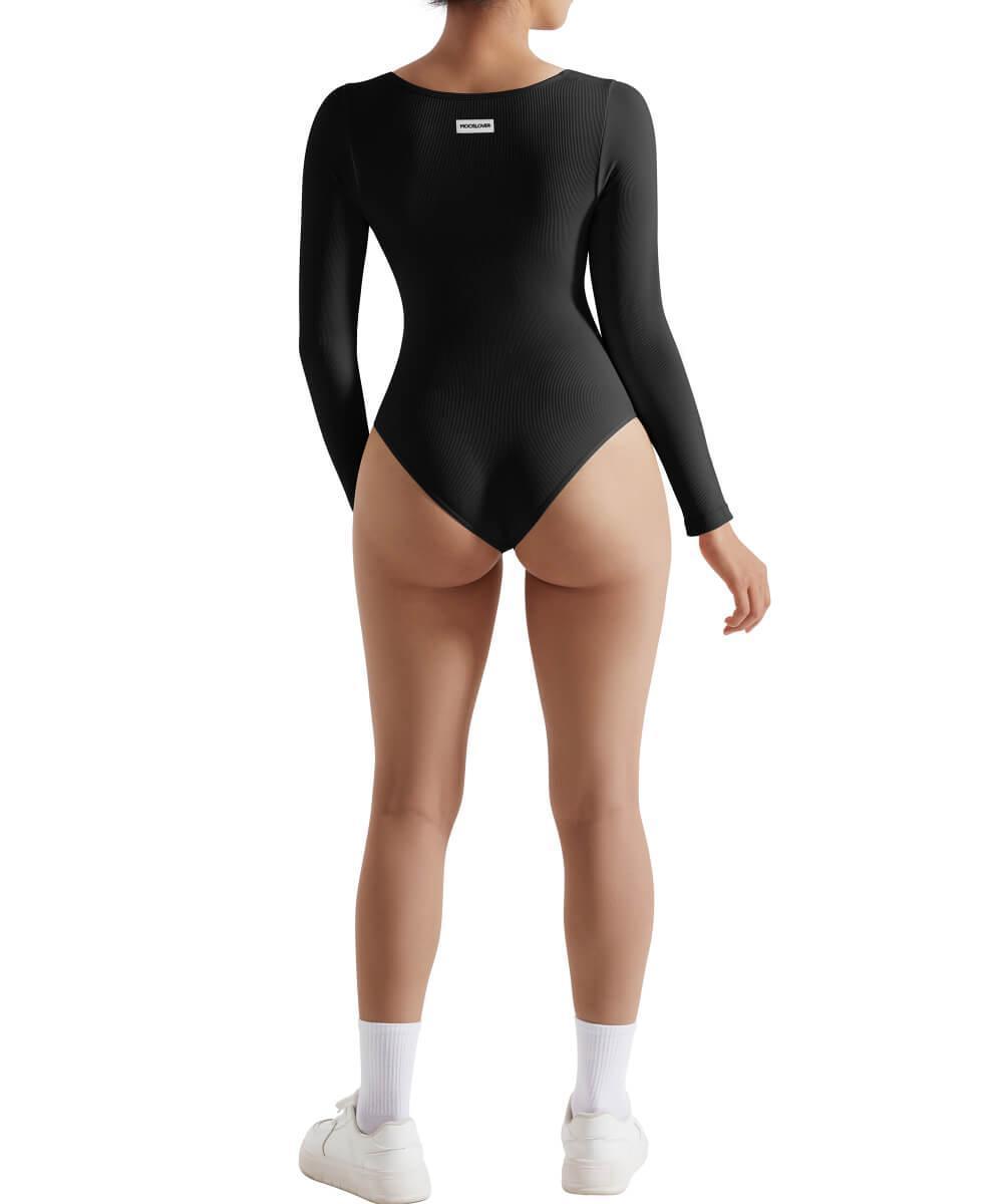 MOOSLOVER Ribbed Long Sleeve Bodysuit Tummy Control Seamless Solid
