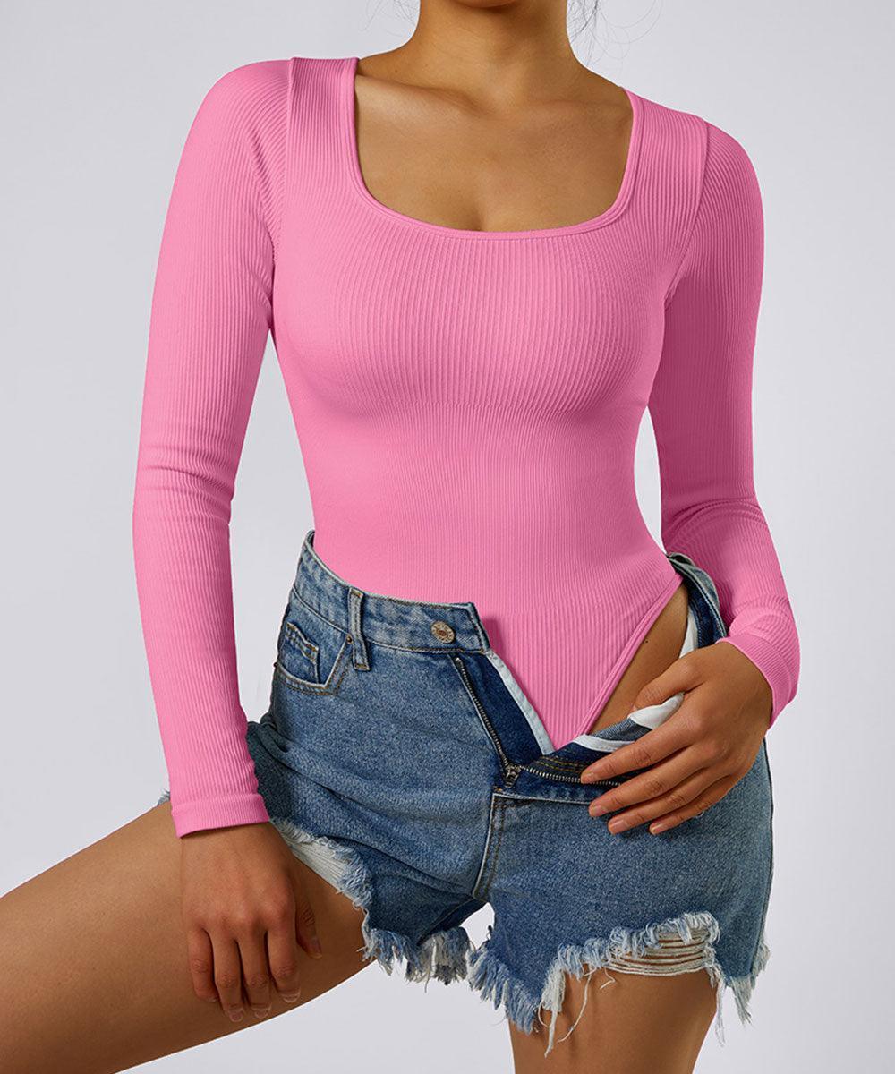 MOOSLOVER Ribbed Solid Color Tummy Control Long Sleeve Seamless