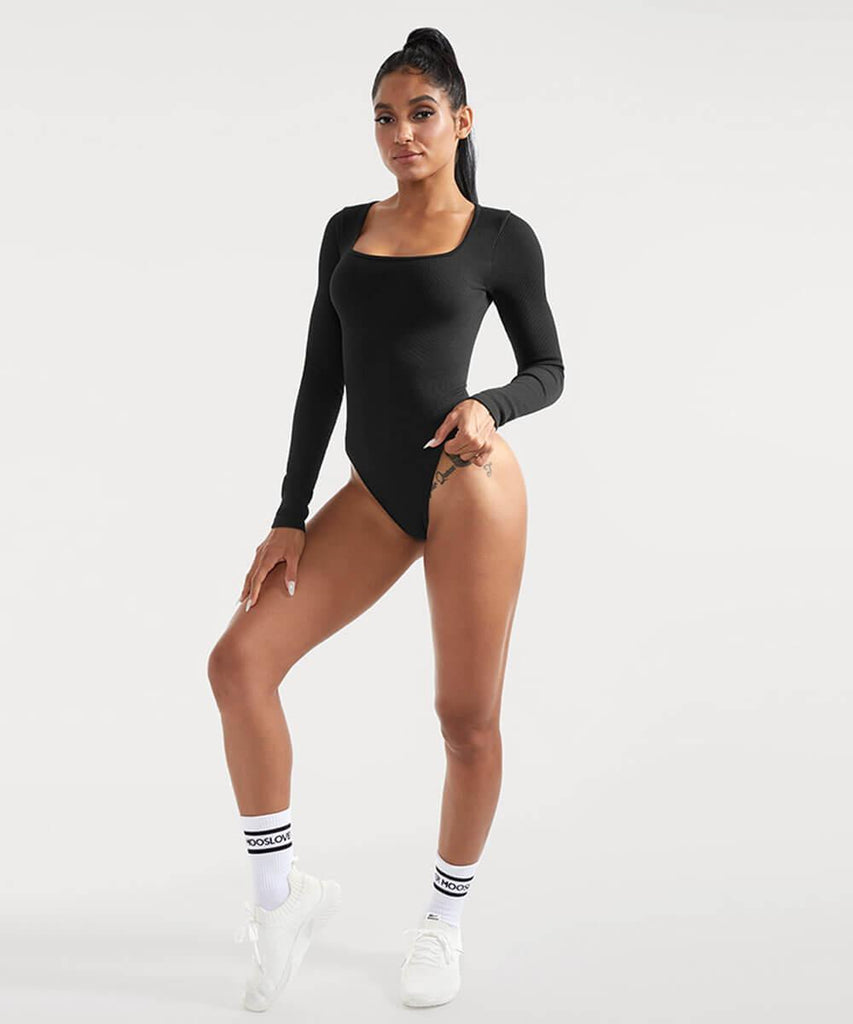 Ribbed Solid Color Tummy Control Long Sleeve Seamless Bodysuit - MOOSLOVER