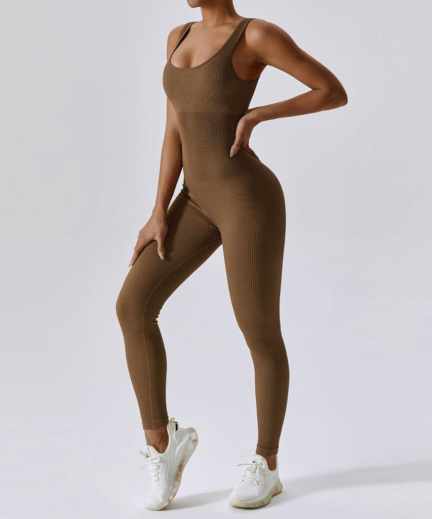 Ribbed Solid Color Tummy Control Sleeveless Seamless Jumpsuit - MOOSLOVER