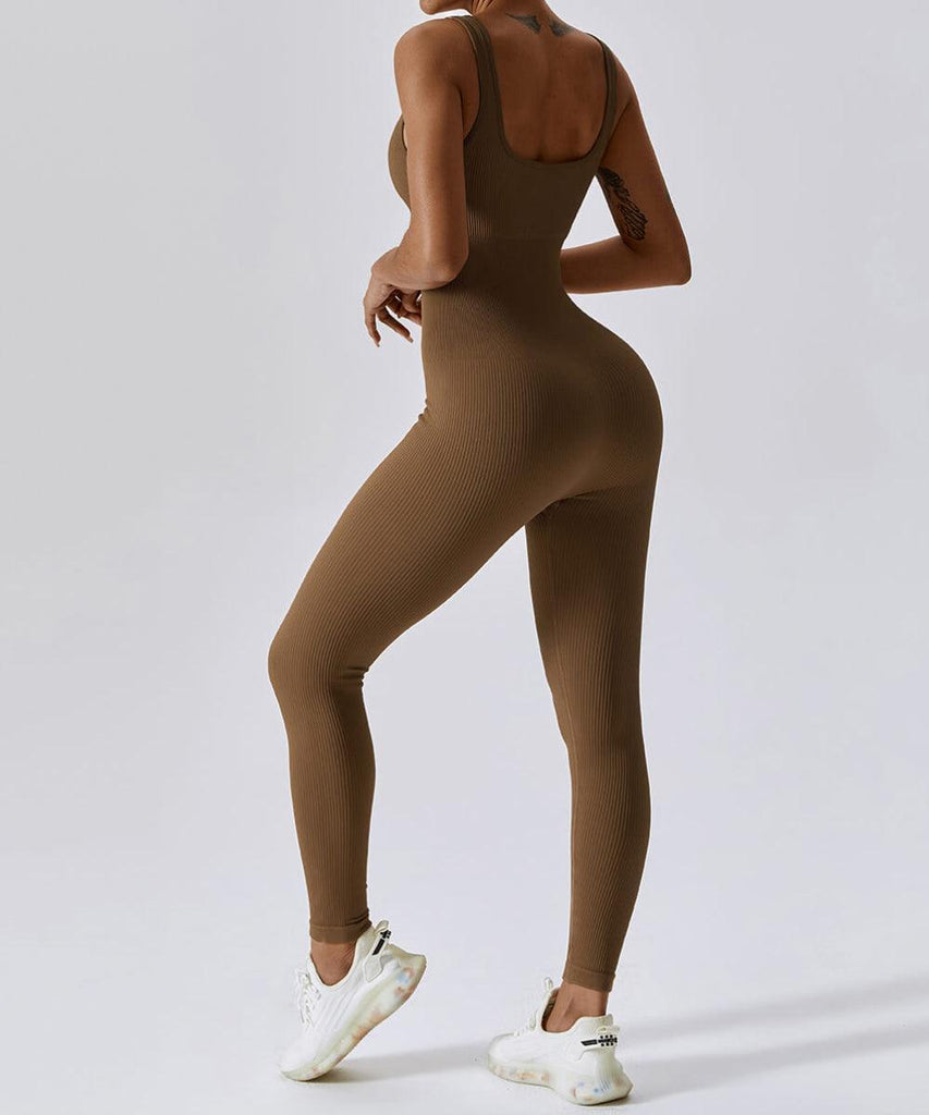 Ribbed Solid Color Tummy Control Sleeveless Seamless Jumpsuit - MOOSLOVER