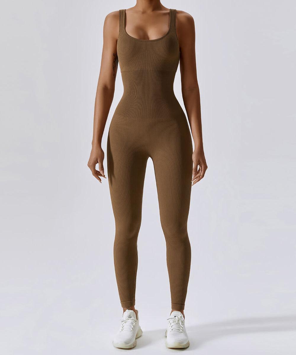 MOOSLOVER Solid Color Ribbed Long Sleeve Seamless Jumpsuit