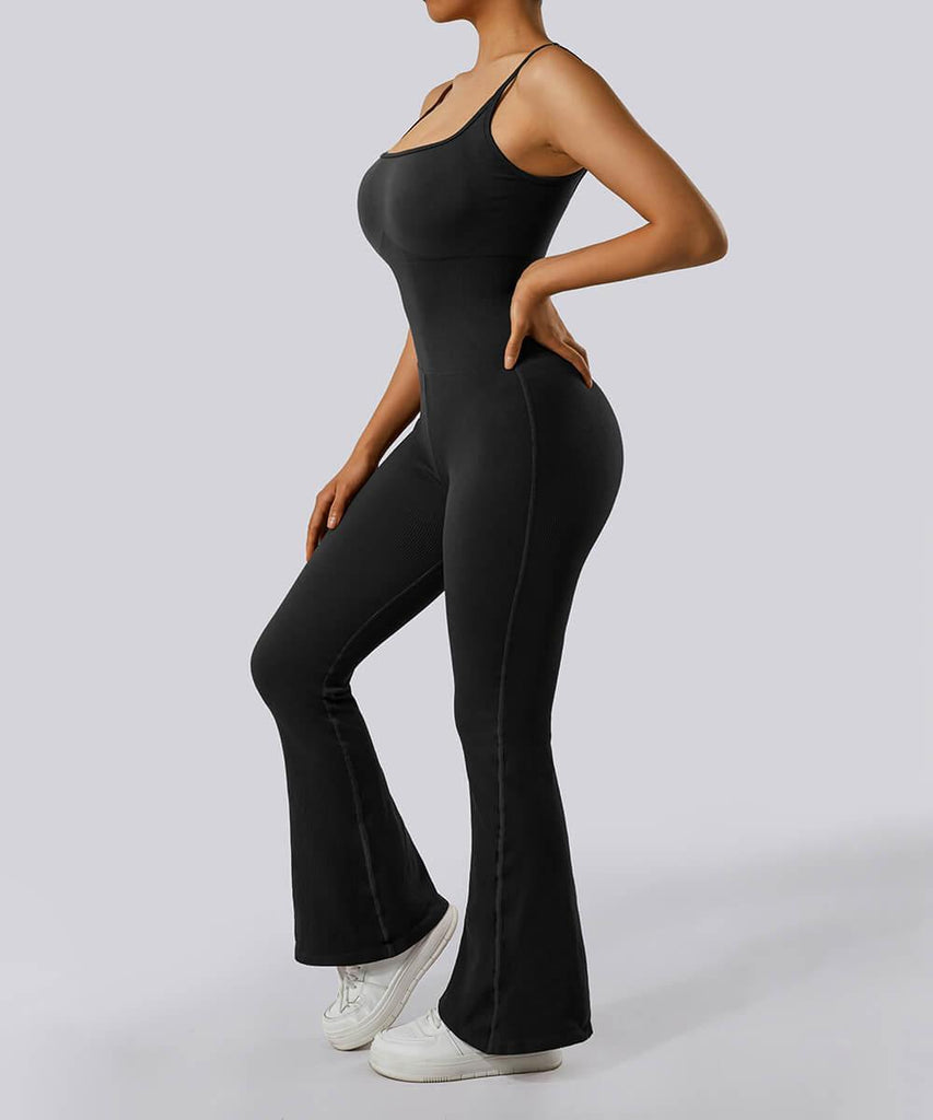 Ribbed Tummy Control Sleeveless Seamless Flared Jumpsuit - MOOSLOVER