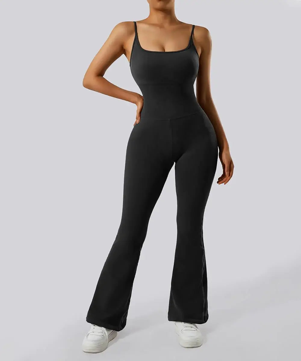 Ribbed Solid Color Tummy Control Sleeveless Seamless Jumpsuit, MOOSLOVER