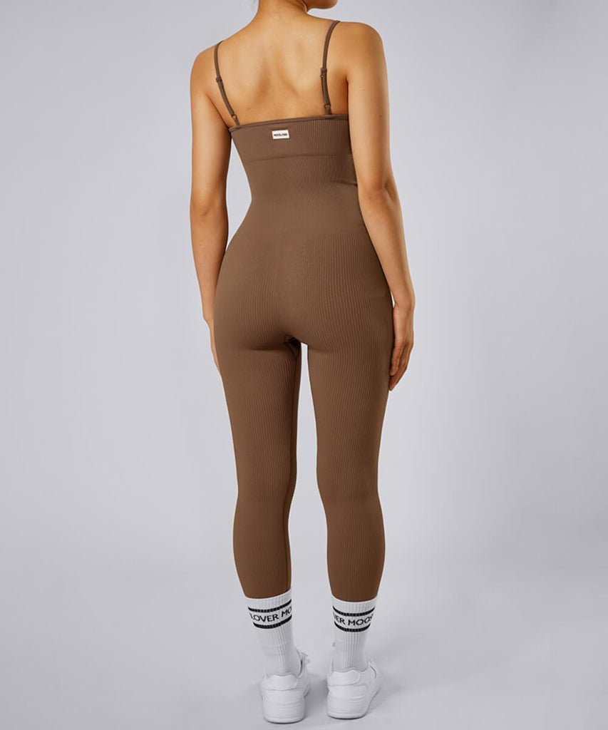 Ribbed Tummy Control Solid Color Spaghetti Strap Seamless Jumpsuit - MOOSLOVER