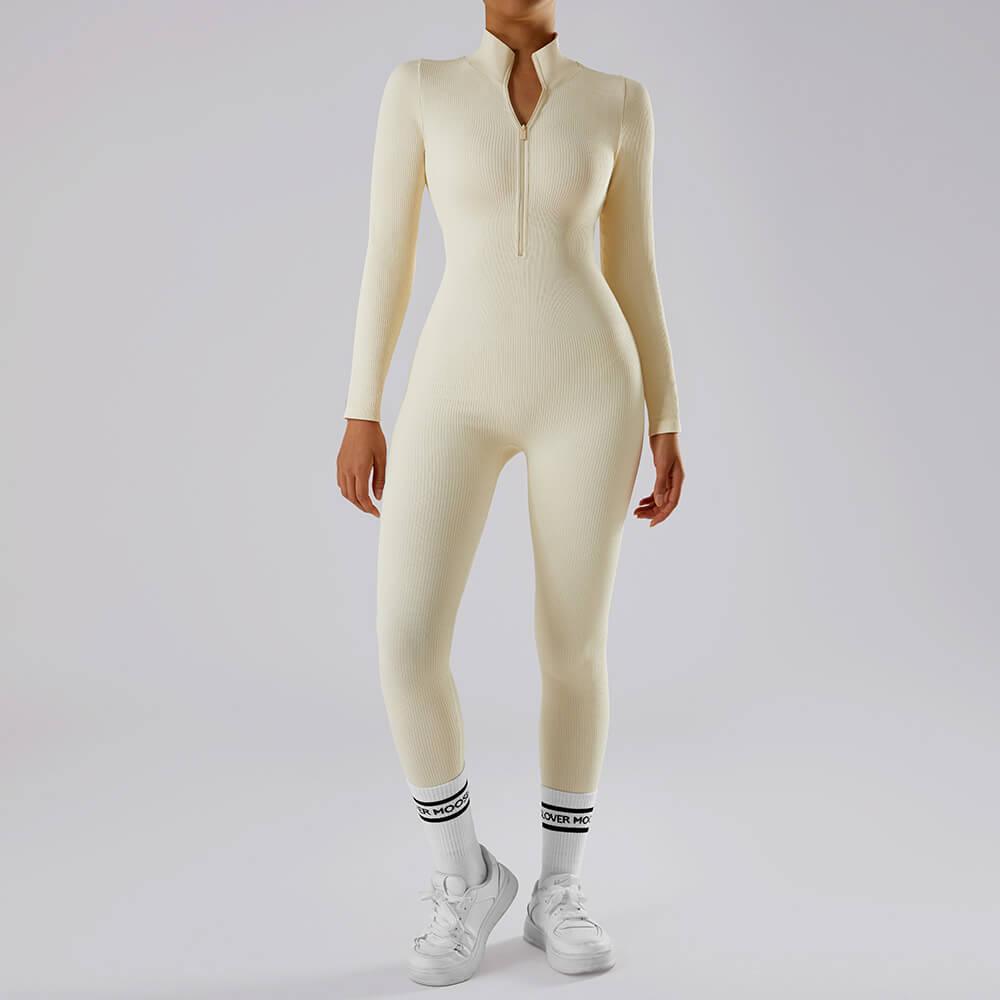 Ribbed Zipper Long Sleeves Jumpsuit - MOOSLOVER