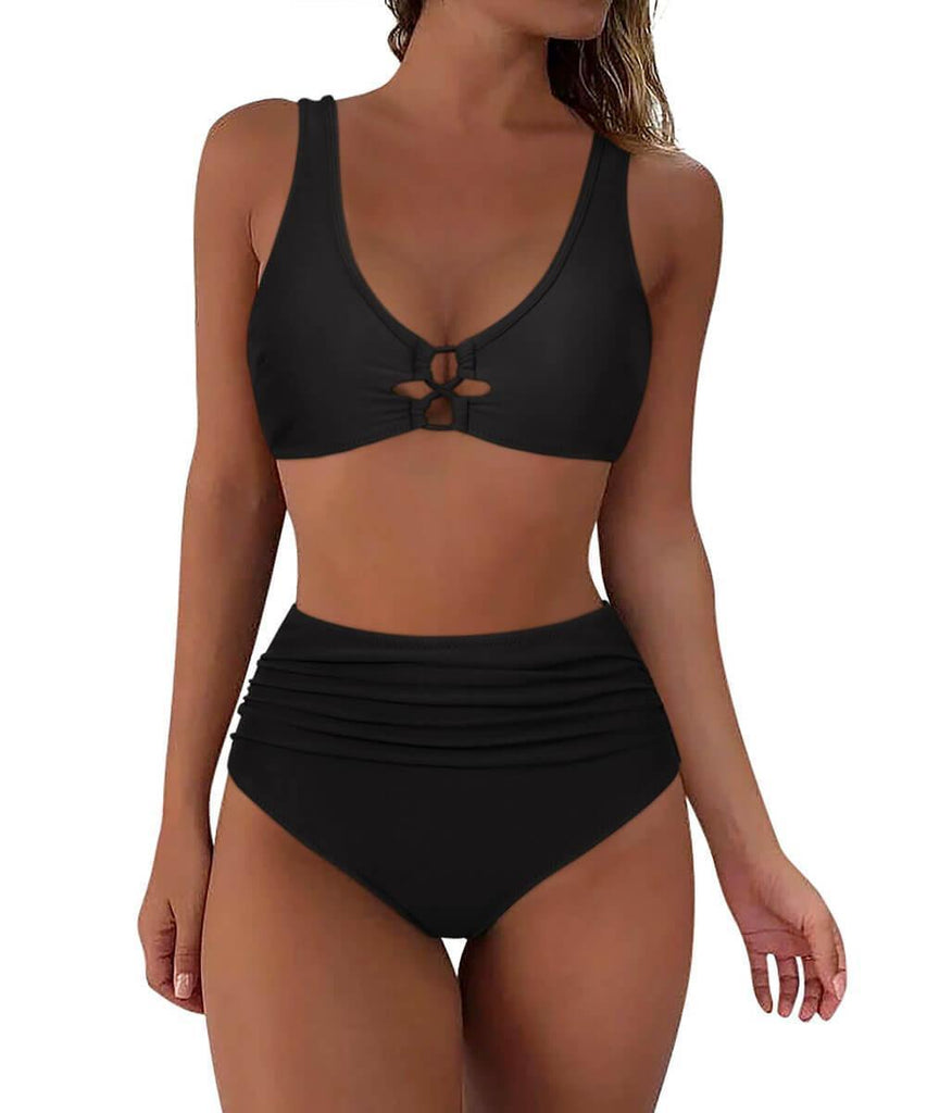 Solid Color Front Hollow Out High Waist Bikini - MOOSLOVER