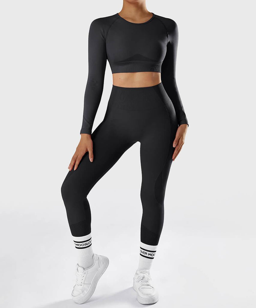 Solid Color Long Sleeves 2Pcs Seamless Butt Lift Sport Legging Set - MOOSLOVER