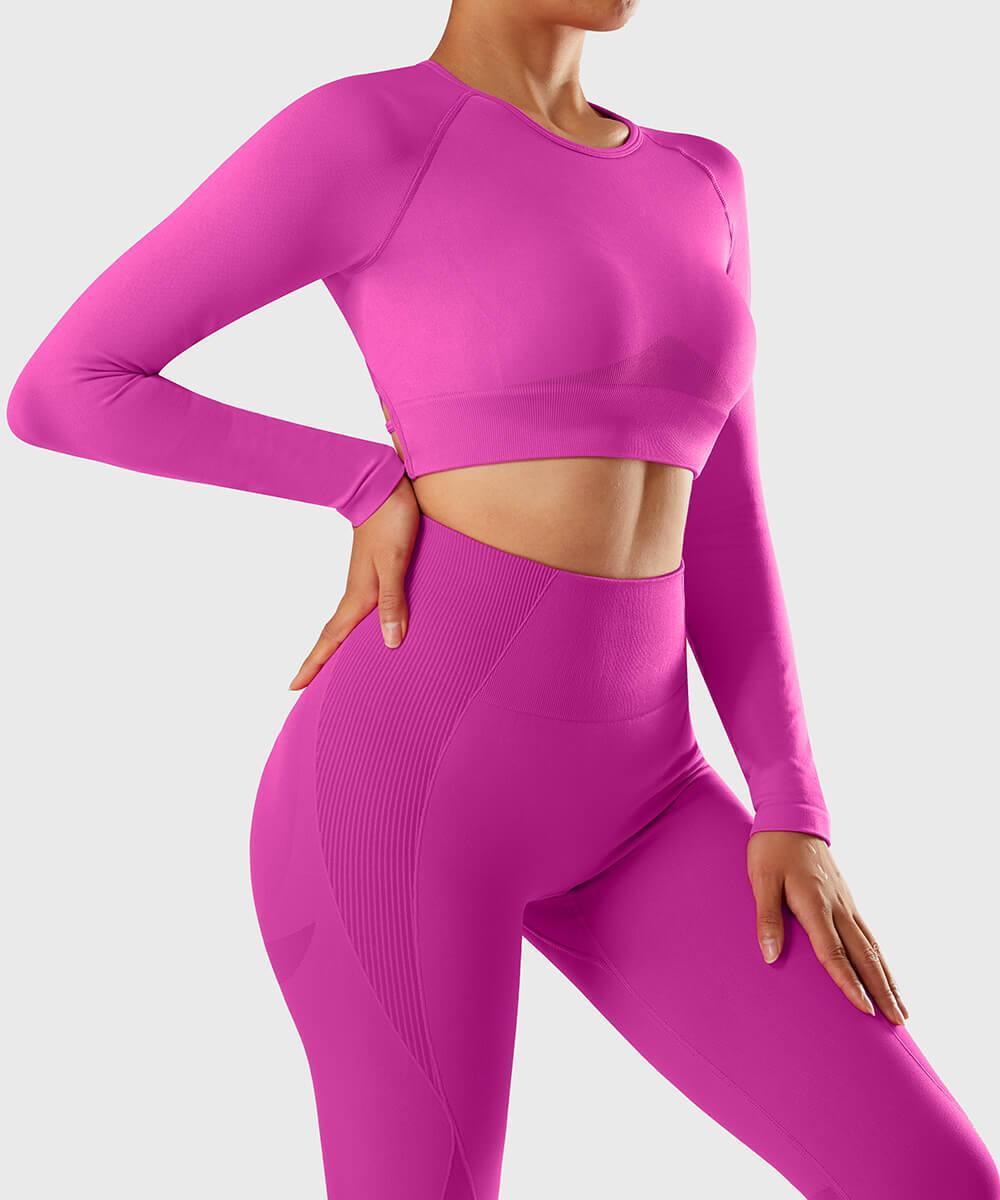 Solid Color Long Sleeves 2Pcs Seamless Butt Lift Sport Legging Set