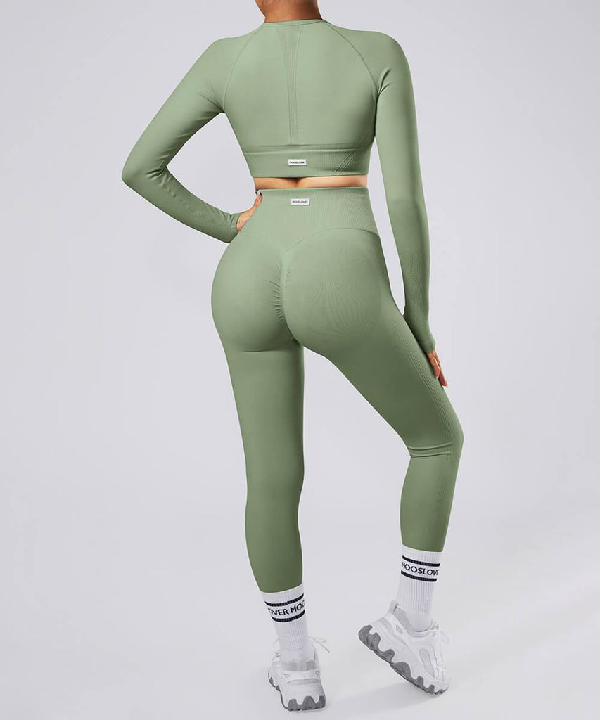 Solid Color Long sleeves 3Pcs Seamless Butt Lift Legging Set - MOOSLOVER