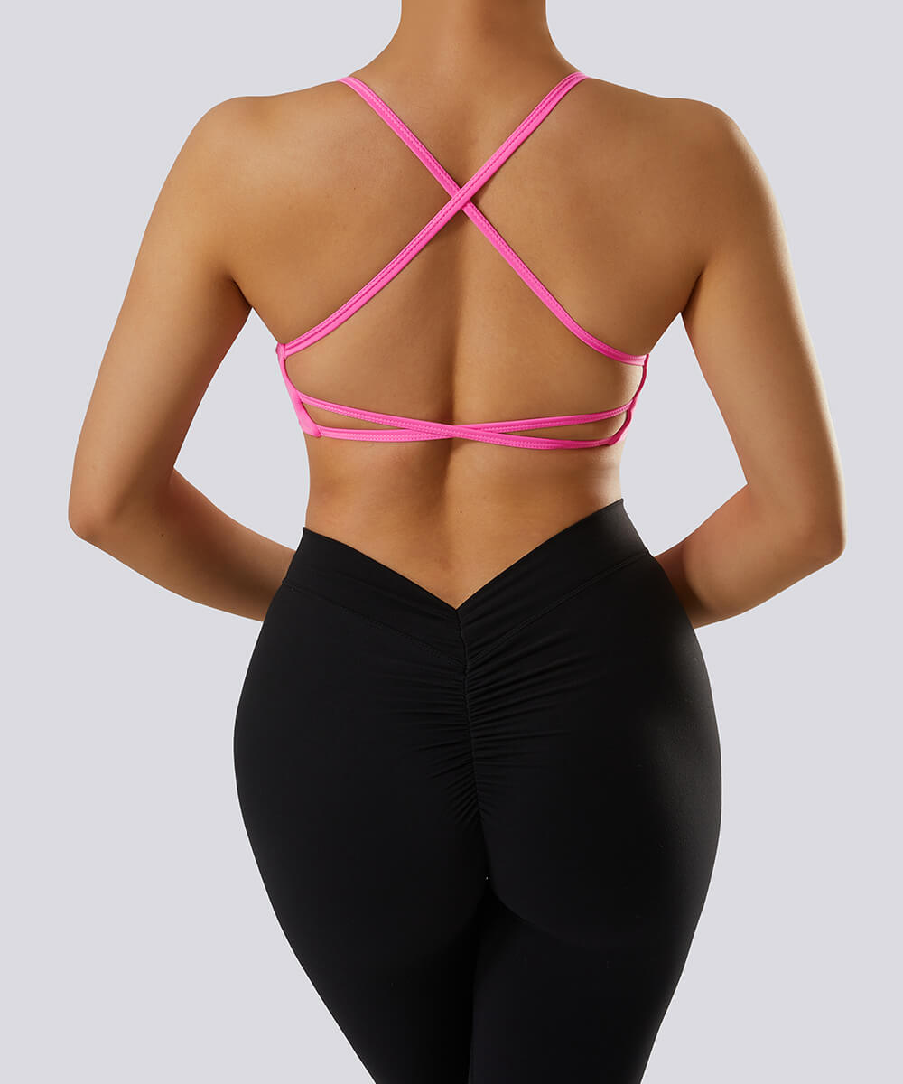 Solid Color Double Strap Twist Back Classic Sports Bra for Women