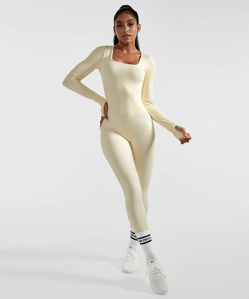 Solid Color Ribbed Long Sleeve Seamless Jumpsuit - MOOSLOVER