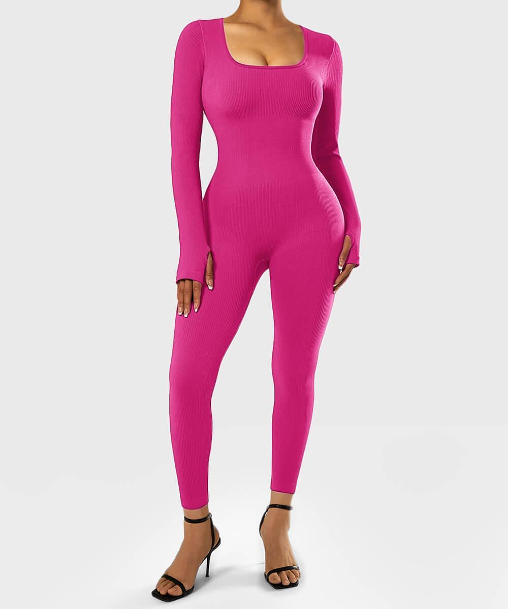 CURLADY Solid Color Ribbed Long Sleeve Seamless Jumpsuit UK