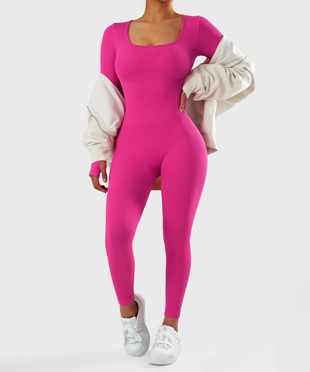 Ladies' Solid Color Tummy Control Long Sleeve Sports Jumpsuit