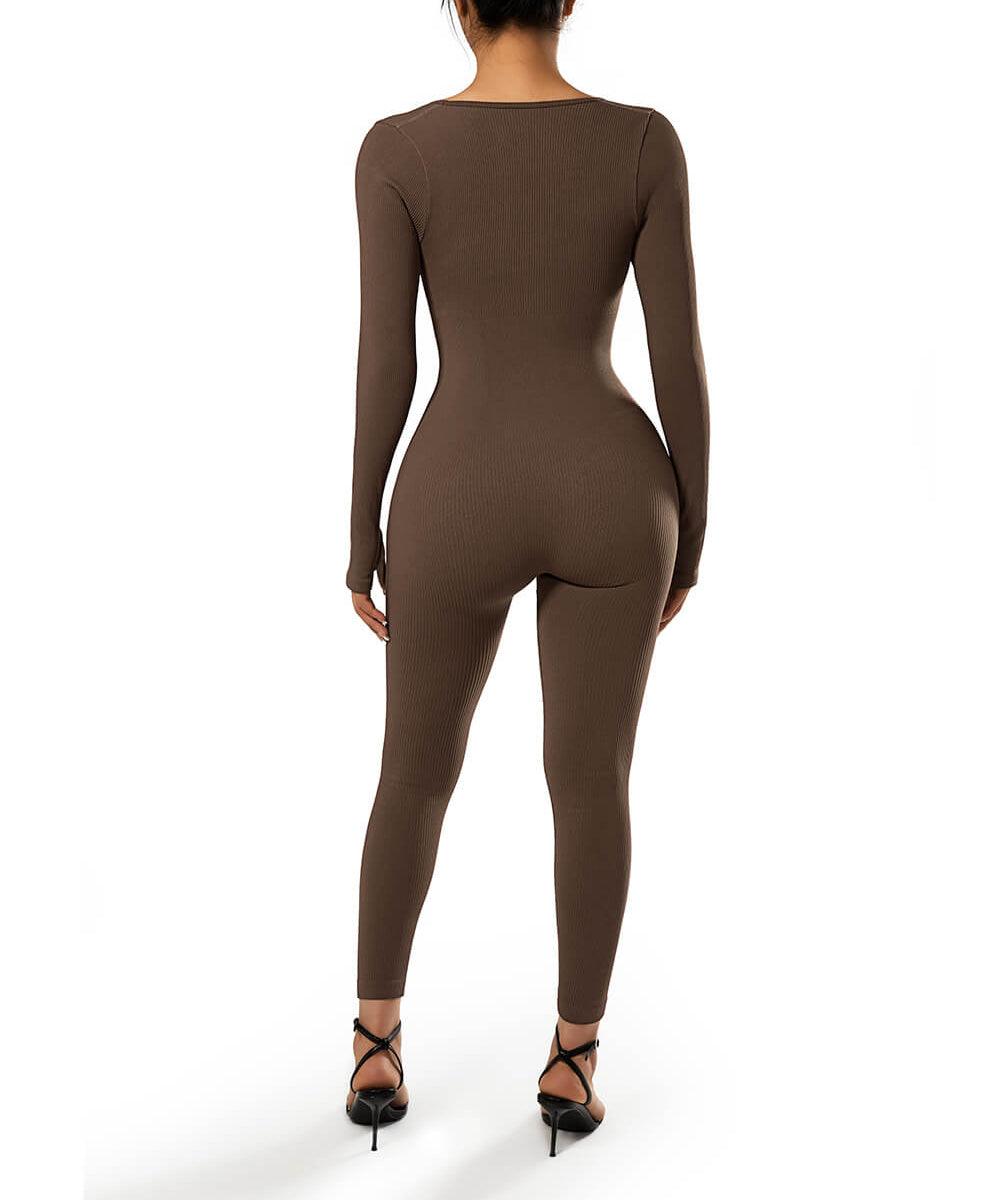 CURLADY Solid Color Ribbed Long Sleeve Seamless Jumpsuit UK