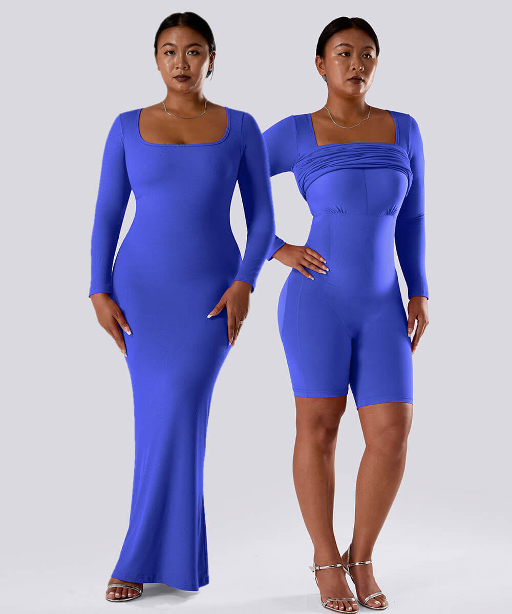Solid Long Sleeve Dress With Built in Shapewear