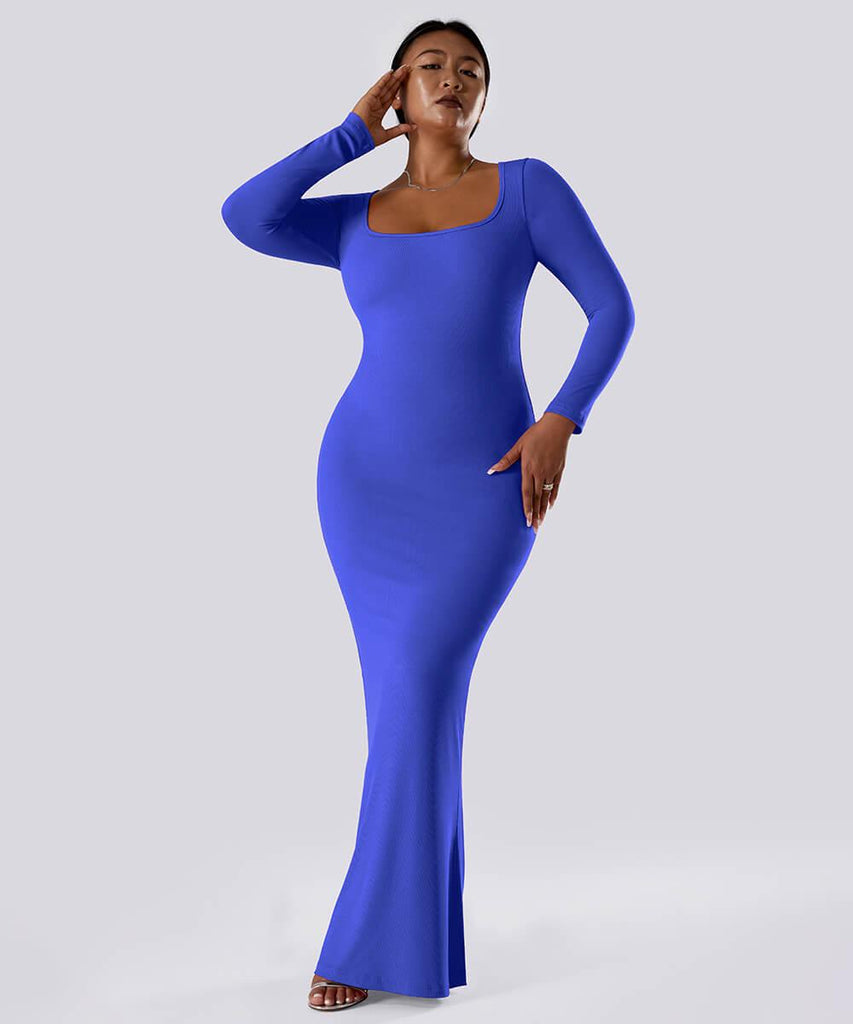 Solid Long Sleeve Dress With Built in Shapewear - MOOSLOVER