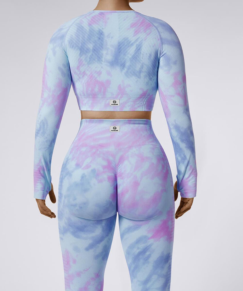 Tie-Dye Front Hollow Out Long Sleeve Seamless Sport Top - MOOSLOVER