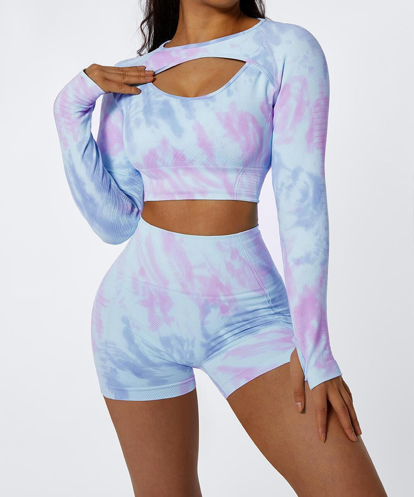 Tie-Dye Front Hollow Out Long Sleeve Seamless Sport Top - MOOSLOVER