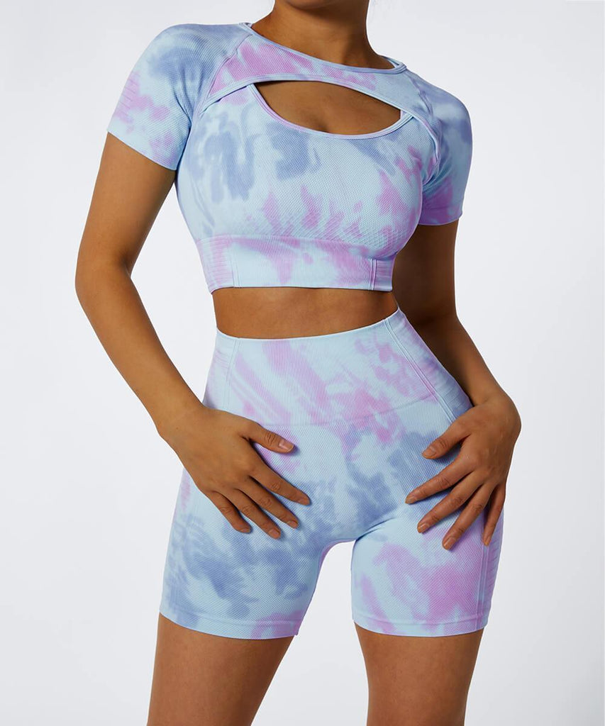 Tie-Dye Front Hollow Out Short Sleeve Seamless Sport Top - MOOSLOVER